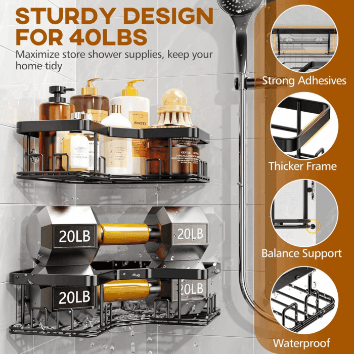 Shower Caddy Organizer, 3-Pack Adhesive Corner Shower Caddy Organizer Shelves Storage Rack Accessories for Bathroom Countertop Home Decor Set, Black, X-Large - Image 6