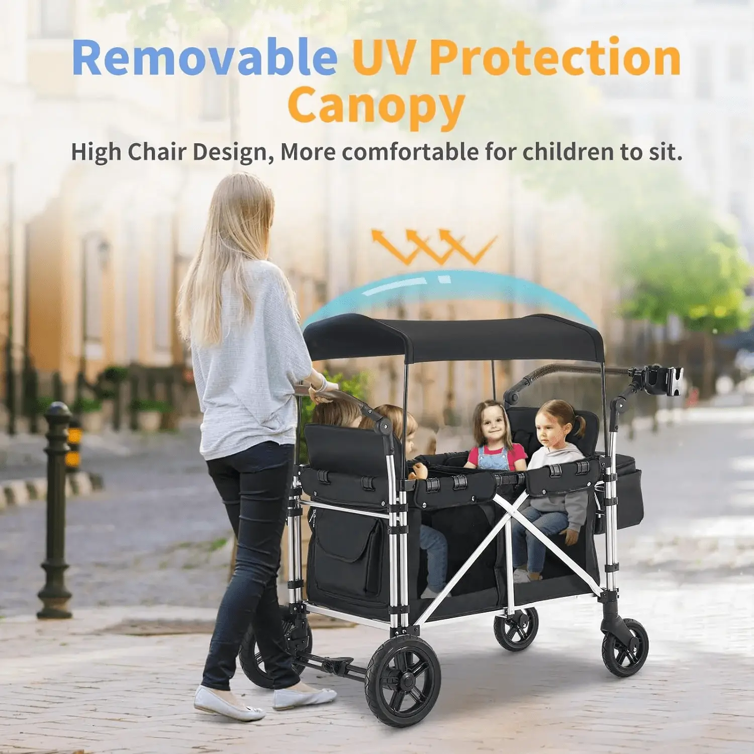Stroller Wagon for 4 Kids, Wagon Cart Featuring 4 High Seat with 5-Point Harnesses and Adjustable Canopy, Foldable Double Push Bar Wagon Stroller for Garden, Stroller, Camping (Black) - Image 7