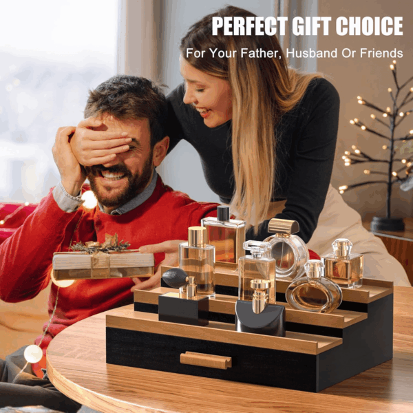 Cologne Organizer for Men – 3-Tier Perfume Display Shelf with Drawer and Hidden Storage, Elegant Cologne Holder, Great Gift for Men and Fathers (3T-Blackwalnut) - Image 7