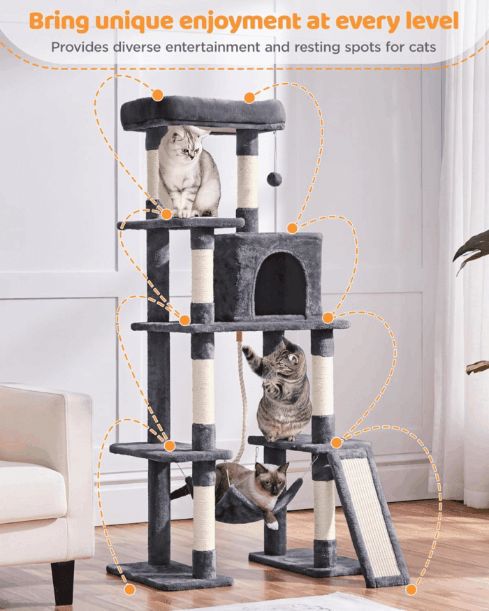 Large Multi-Level Cat Tree, 63 Inches Tall with Sisal-Covered Scratching Posts, Condo, Hammock, Dangling Ball, and Extended Platform for Cats to Play and Sleep - Image 3
