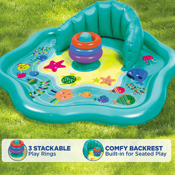 Baby Splash Play Mat with Adjustable Canopy – Inflatable Play Pool for Babies & Infants with Backrest – Includes Baby Water Toy Rings - Image 2