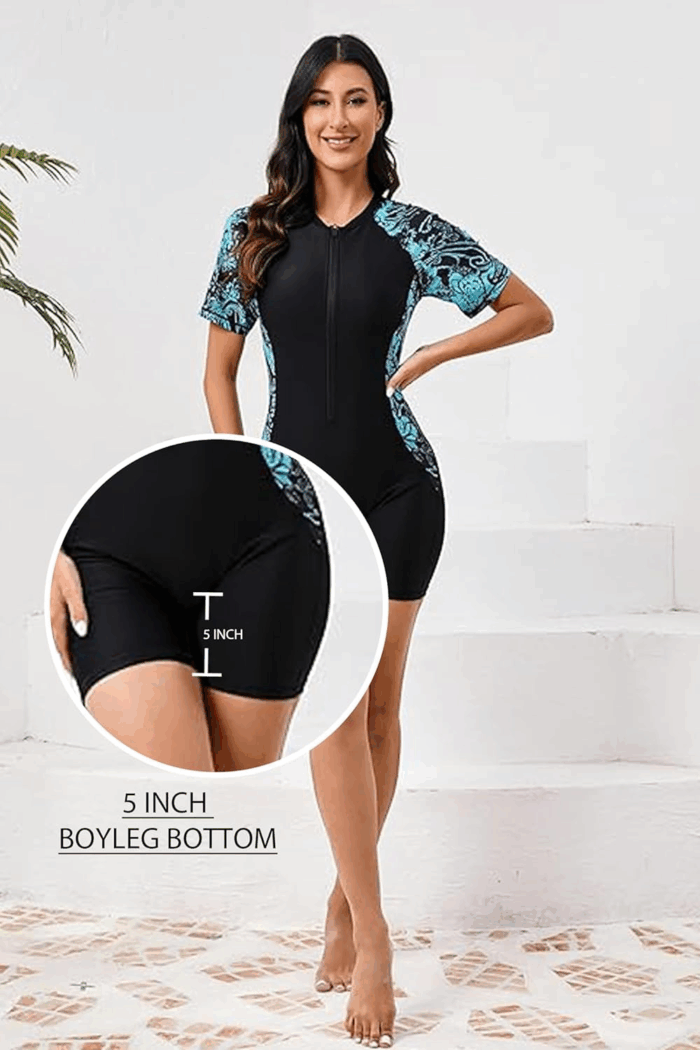 Women'S Boyleg One Piece Rash Guard with Built in Bra UPF50+ Zip Long Sleeve Full Body Modest Swimsuit - Image 4