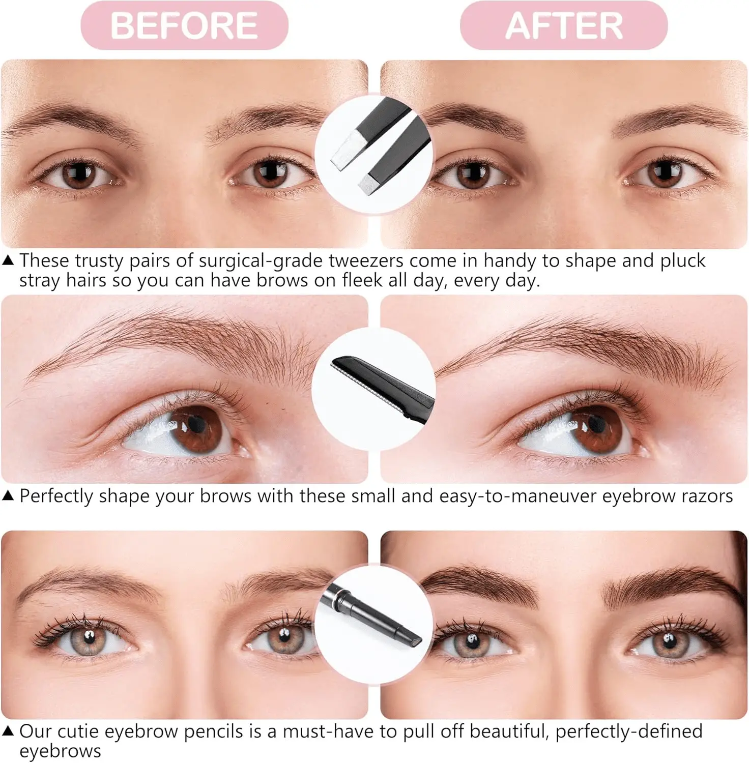 Eyebrow Trimmer 8-Pack - Eyebrow Tweezers Set - Eyebrow Shaping Kit for Women & Men with Razor, Brush with Comb, Pencil, and Scissors in Padded Case - Image 4