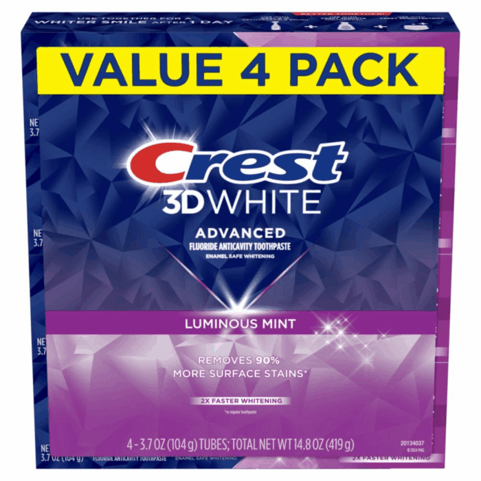 3D White Advanced Luminous Mint Teeth Whitening Toothpaste,  Toothpaste, 3.7 Oz Pack of 4 - Helps Remove Surface Stains, Whitens Teeth, Strengthens Tooth Enamel, Protects against Cavities - Image 8