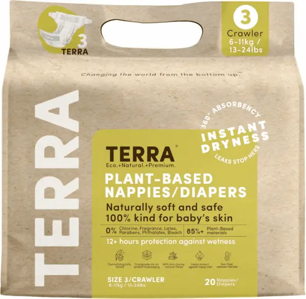 Size 3 Diapers: 85% Plant-Based, Ultra-Soft & Chemical-Free for Sensitive Skin, High Absorbency for 13-24 Lb Babies, 20 Count (Pack of 8)