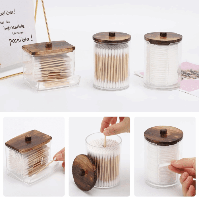 Bathroom Organizer Accessories Set-10 OZ,7 OZ Qtips Holder Storage with Wood Lids, Cotton Ball/Swabs Dispenser, Apothecary Container Jar 3 Pcs - Image 2