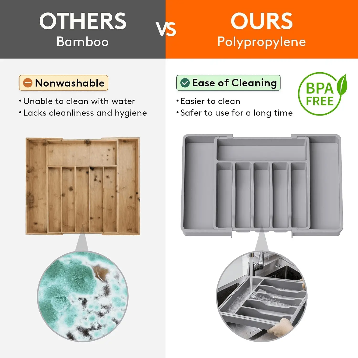 Silverware Drawer Organizer, Expandable Utensil Tray for Kitchen, BPA Free Flatware and Cutlery Holder, Adjustable Plastic Storage for Spoons Forks Knives, Large, Grey - Image 4