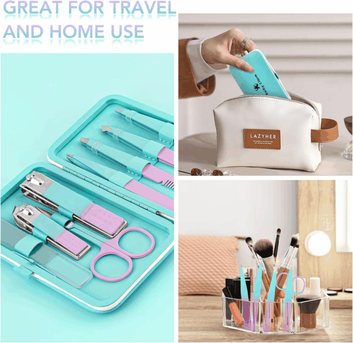 Tweezers Set and Nail Clippers 8Pcs Precision No Gaps Eyebrow Tweezer Kit for Facial Hair Men & Women Travel Tweezers with Leather Case（Violet/Cyan） - Image 8