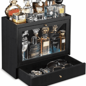 Cologne Organizer for Men, Solid Wood Perfumes Organizer for Men Dresser, Large Capacity Dustproof Cologne Holder with Drawer Storage Perfume Stand Organizer, Ideal Gift for Loved Ones
