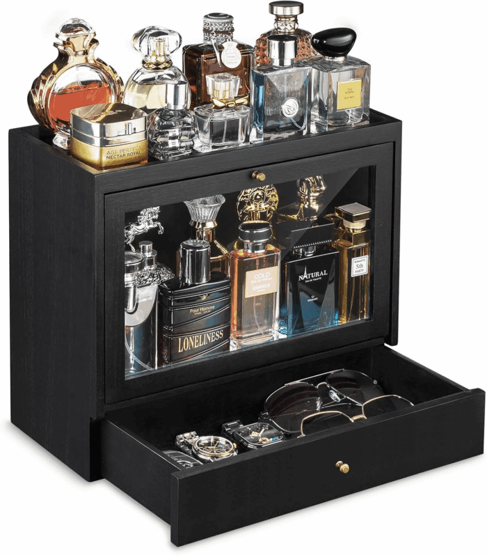 Cologne Organizer for Men, Solid Wood Perfumes Organizer for Men Dresser, Large Capacity Dustproof Cologne Holder with Drawer Storage Perfume Stand Organizer, Ideal Gift for Loved Ones