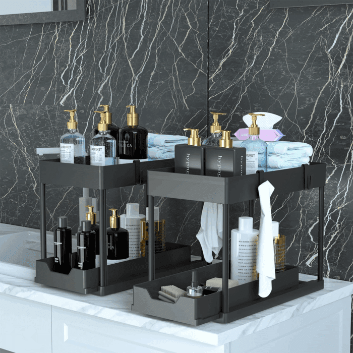 Under Sink Organizer 2 Pack, Bathroom Cabinet Organizer, 2 Tier Sliding Cabinet Basket Organizer Drawer, Multi-Purpose Bath Collection Baskets for Bathroom (Black) - Image 3