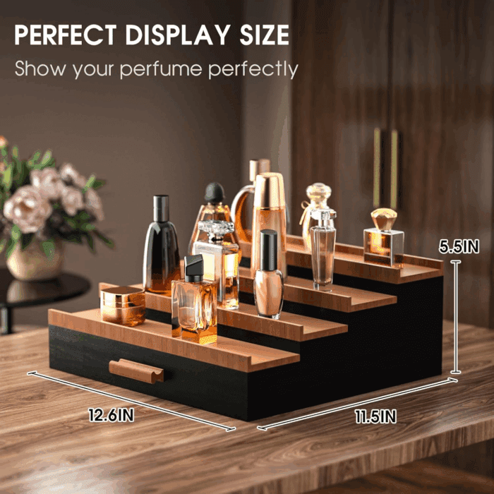 Cologne Organizer for Men 4 Tier of Elevated Cologne Display Shelf with Drawer Storage Perfume Organization and Storage Display Risers,Great Gift for Man(4Tier-Blackwalnut) - Image 4