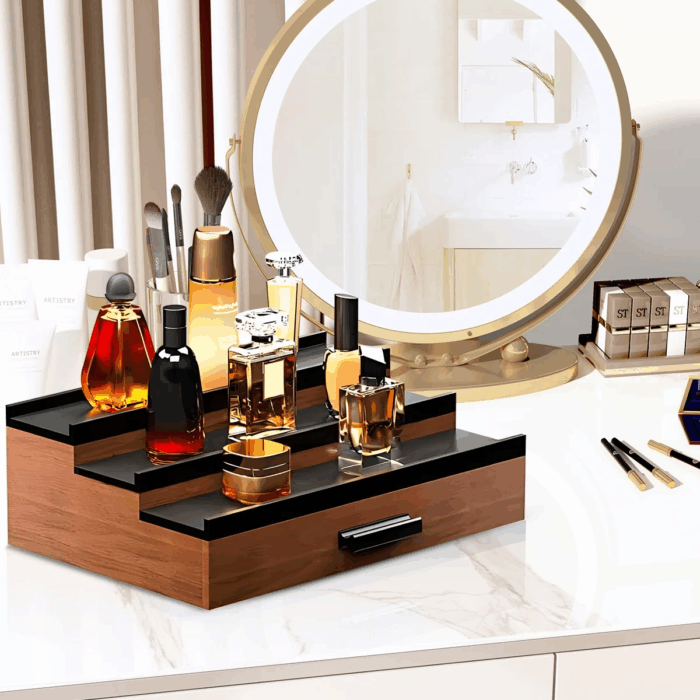 Wooden Cologne Organizer for Men 3 Tier Perfume Organizer Display Shelf with Drawer Cologne Display and Storage Display Risers Great Gift for Man Walnut Black - Image 5