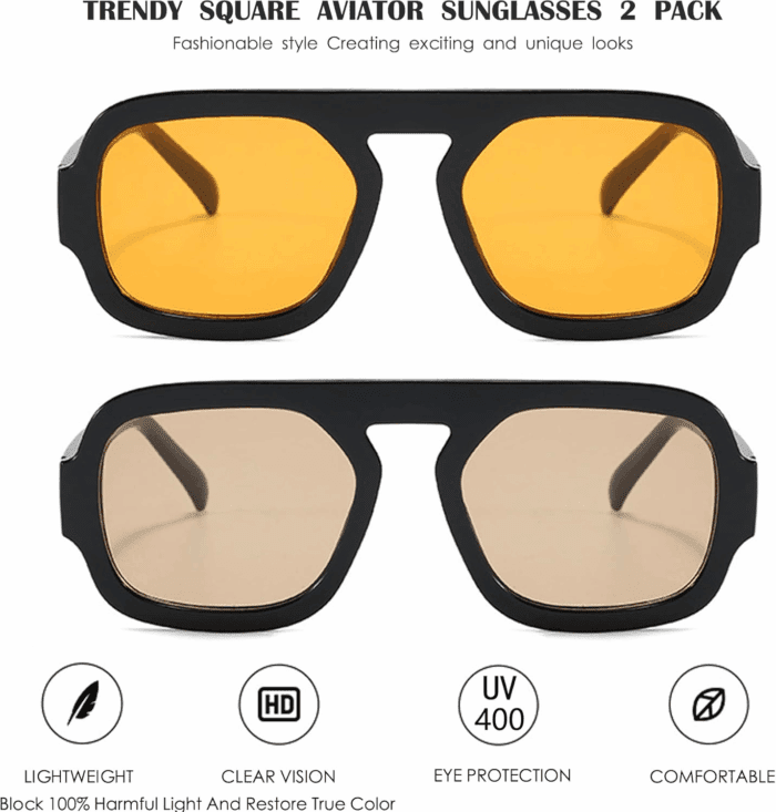 Trendy Square Aviator Sunglasses for Women Flat Top Designer Stylish Frame Sun Glasses Vintage Shades - Image 2