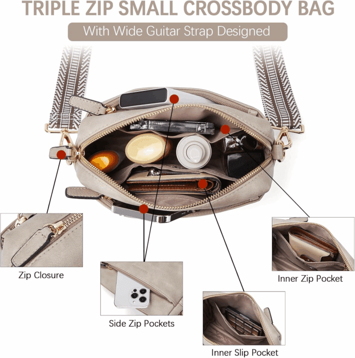 Small Crossbody Purse for Women Triple Zip Cell Phone Leather Handbag with Colored Shoulder Strap - Image 6