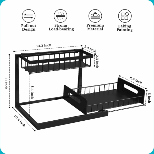 under Sink Organizer, Pull Out Cabinet Storage 2 Tier Slide Out Sink Shelf, Kitchen Organizers and Storage, Black, 1 Pack - Image 2
