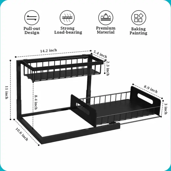 under Sink Organizer, Pull Out Cabinet Storage 2 Tier Slide Out Sink Shelf, Kitchen Organizers and Storage, Black, 1 Pack - Image 2