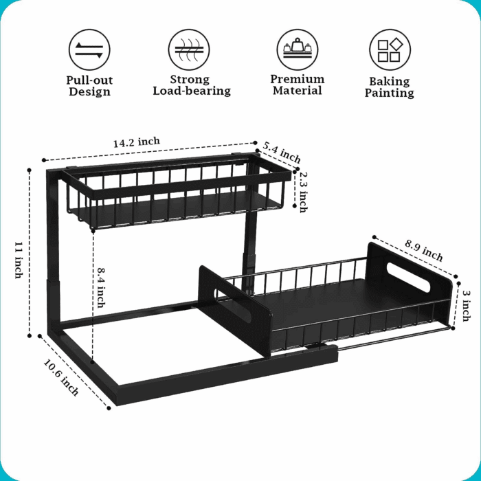 under Sink Organizer, Pull Out Cabinet Storage 2 Tier Slide Out Sink Shelf, Kitchen Organizers and Storage, Black, 1 Pack - Image 2