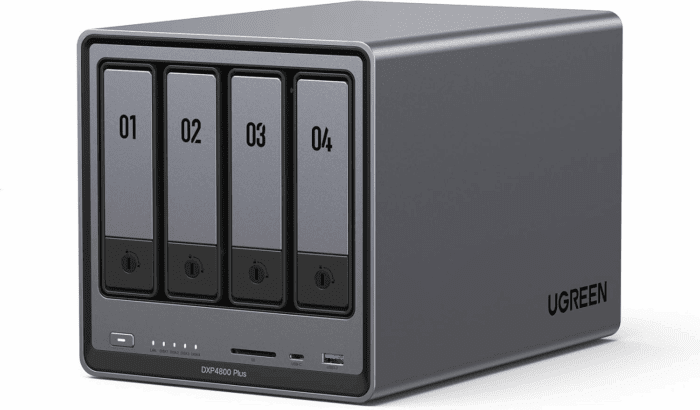 Nasync DXP4800 plus 4-Bay Desktop NAS, Intel Pentium Gold 8505 5-Core CPU, 8GB DDR5 RAM, 128G SSD, 1 * 10Gbe, 1 * 2.5Gbe, 2 * M.2 Nvme Slots, 4K HDMI, Network Attached Storage (Diskless)