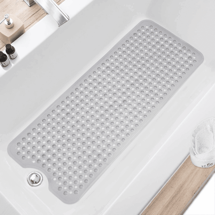 Upgrade Bath Tub and Shower Mats, Non Slip 40 X 16 Inch Extra Large Bathtub Mat, Machine Washable Bathmat with Drain Holes, Suction Cups for Bathroom Floor, Clear Gray