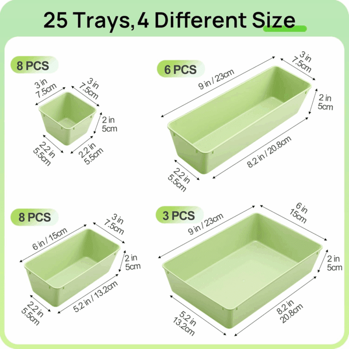 25 PCS Plastic Drawer Organizers Set, 4-Size Versatile Bathroom and Vanity Drawer Organizer Trays, Storage Bins for Makeup, Bedroom, Kitchen Gadgets Utensils and Office - Image 2