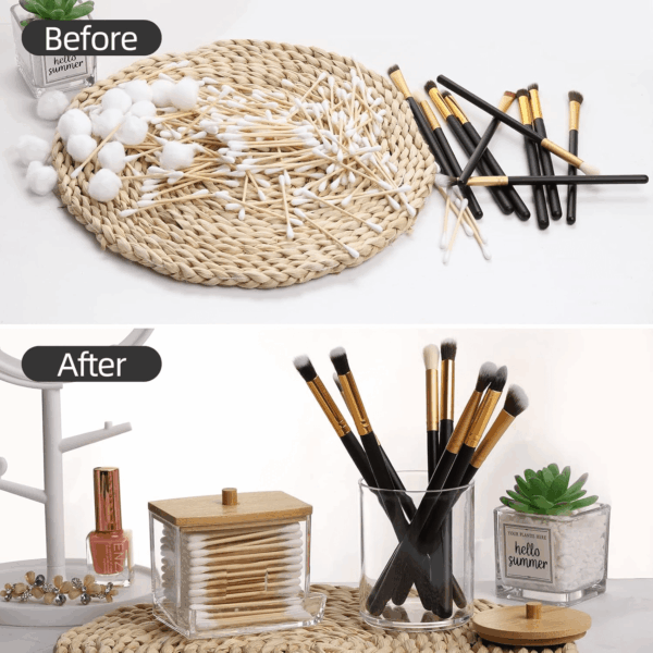 Qtips Holder Bathroom Container, 10/7 OZ Cotton Ball/Swabs Dispenser, Apothecary Jar Organizer for Storage Wood Lids - Image 4
