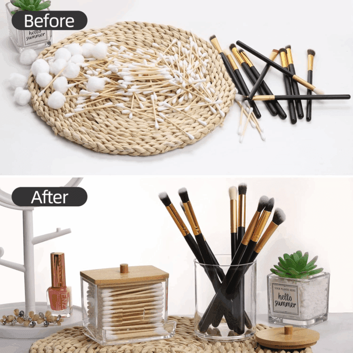 Qtips Holder Bathroom Container, 10/7 OZ Cotton Ball/Swabs Dispenser, Apothecary Jar Organizer for Storage Wood Lids - Image 4
