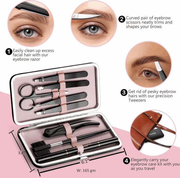 Eyebrow Trimmer 8-Pack - Eyebrow Tweezers Set - Eyebrow Shaping Kit for Women & Men with Razor, Brush with Comb, Pencil, and Scissors in Padded Case - Image 2