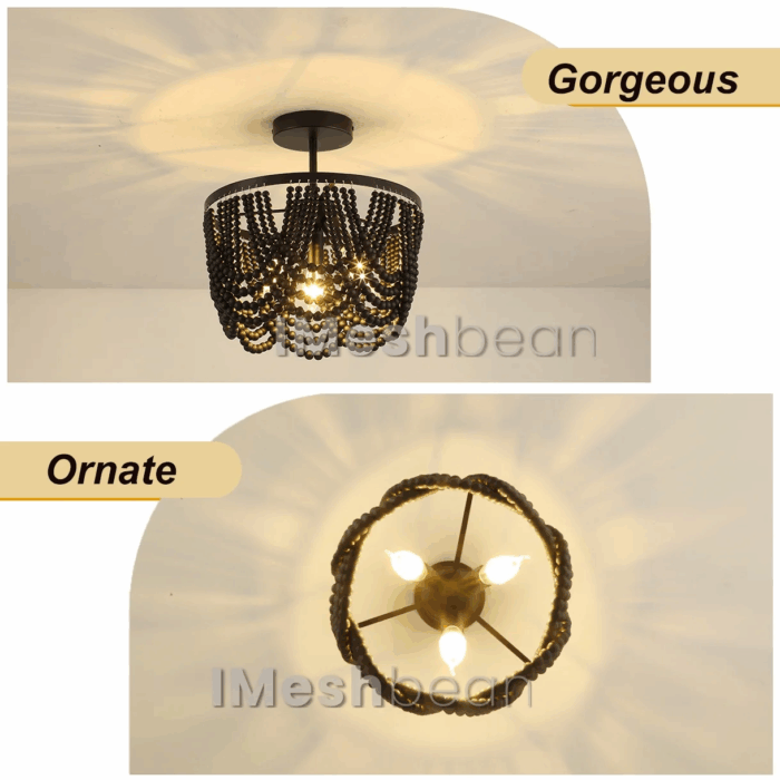 Black 12.6 Inch Wood Bead Chandelier Flush Mount Ceiling Light Fixture 3-Light Boho Light Fixtures Ceiling Farmhouse Chandeliers for Bedroom Dining Room - Image 6