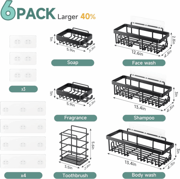 Stainless Steel Shower Caddy 6-Pack, No Drilling & Rustproof, Waterproof Adhesive Shelves Rack with Soap Holder, Large Capacity Bathroom Organizers and Storage, Wall-Mounted Kitchen & Home Decor - Image 7