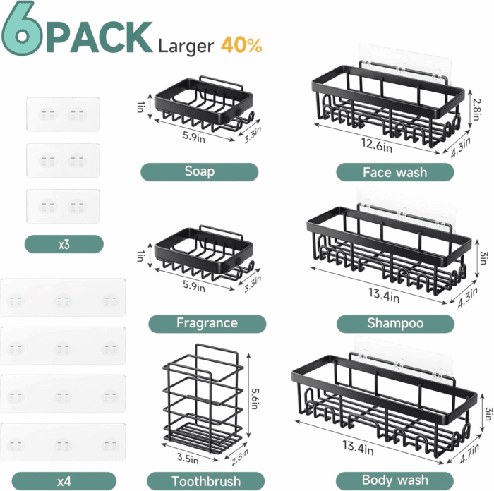 Stainless Steel Shower Caddy 6-Pack, No Drilling & Rustproof, Waterproof Adhesive Shelves Rack with Soap Holder, Large Capacity Bathroom Organizers and Storage, Wall-Mounted Kitchen & Home Decor - Image 7