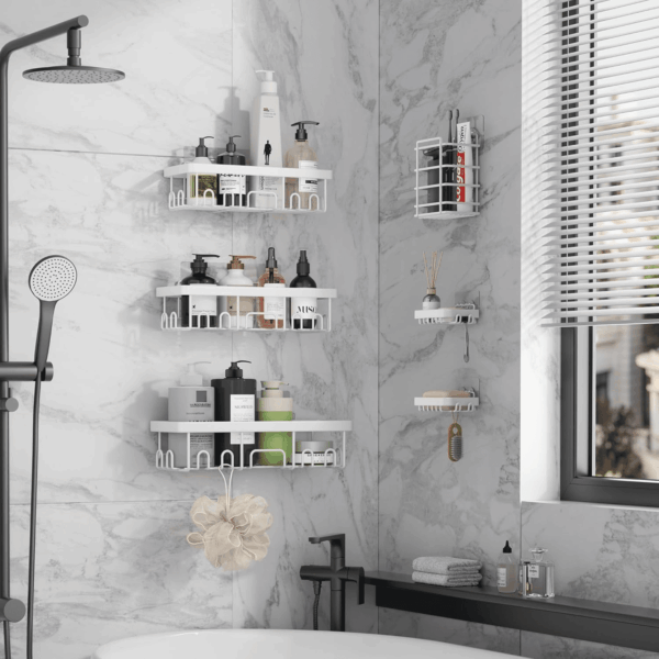 6-Pack Rustproof Waterproof Shower Caddy, Adhesive Shelves Rack with Soap Holder, Large Bathroom & Washroom Organizer, No Drilling Wall-Mounted Kitchen & Home Decor, Ideal for Bathtub Storage - Image 4