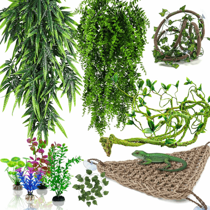 Reptile Plants for Bearded Dragon Tank Accessories, Reptile Hammock Terrarium Plant Vines Branch Plants Habitat Decoration for Lizard Leopard Gecko Snake Chameleon Ball Pythons