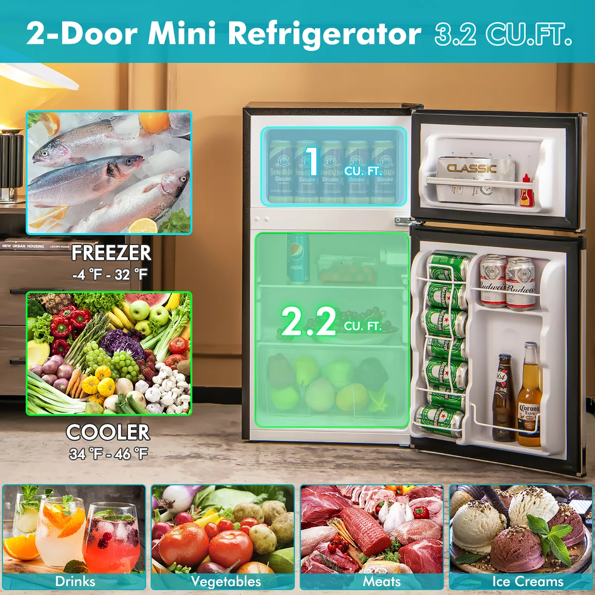 Costway 3.2 Cu.Ft Mini Refrigerator with Freezer Compact Fridge with 2 Reversible Door - Image 2