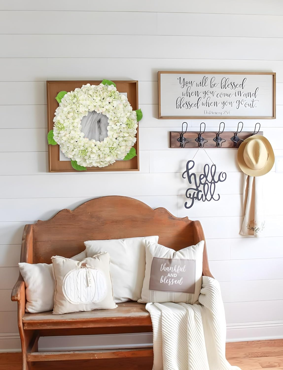 20 Inch Spring Summer Wreath for Front Door, Artificial White Hydrangea Flower Door Wreath Hydrangea Decor for Farmhouse All Year Indoor Outdoor Home Window Wall Front Porch - Image 7