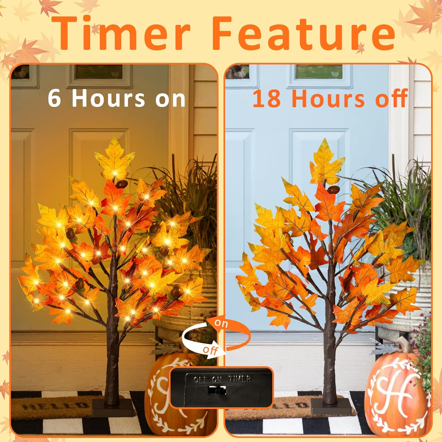 2Pack Fall Lighted Maple Tree - 2FT 36 LED Thanksgiving Decor Artificial Fall Lights, Battery Operated Tabletop Lamp with 6 Acorns, 6-Hours Timer, for Wedding Party Indoor Outdoor Autumn Decor… - Image 4