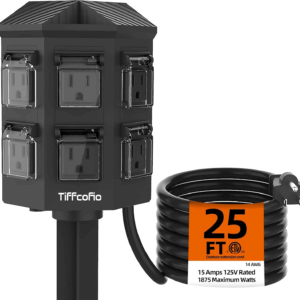 Outdoor Power Strip Weatherproof, 25 FT Extension Cord with Stake, 6 Grounded Outlets for Halloween/Christmas Decorations and Inflatables, 15A/1875W, ETL Listed