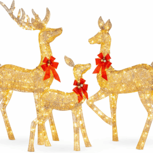 3-Piece Large Lighted Christmas Deer Family Set 5Ft Outdoor Yard Decoration with 360 LED Lights, Stakes, Zip Ties - Gold