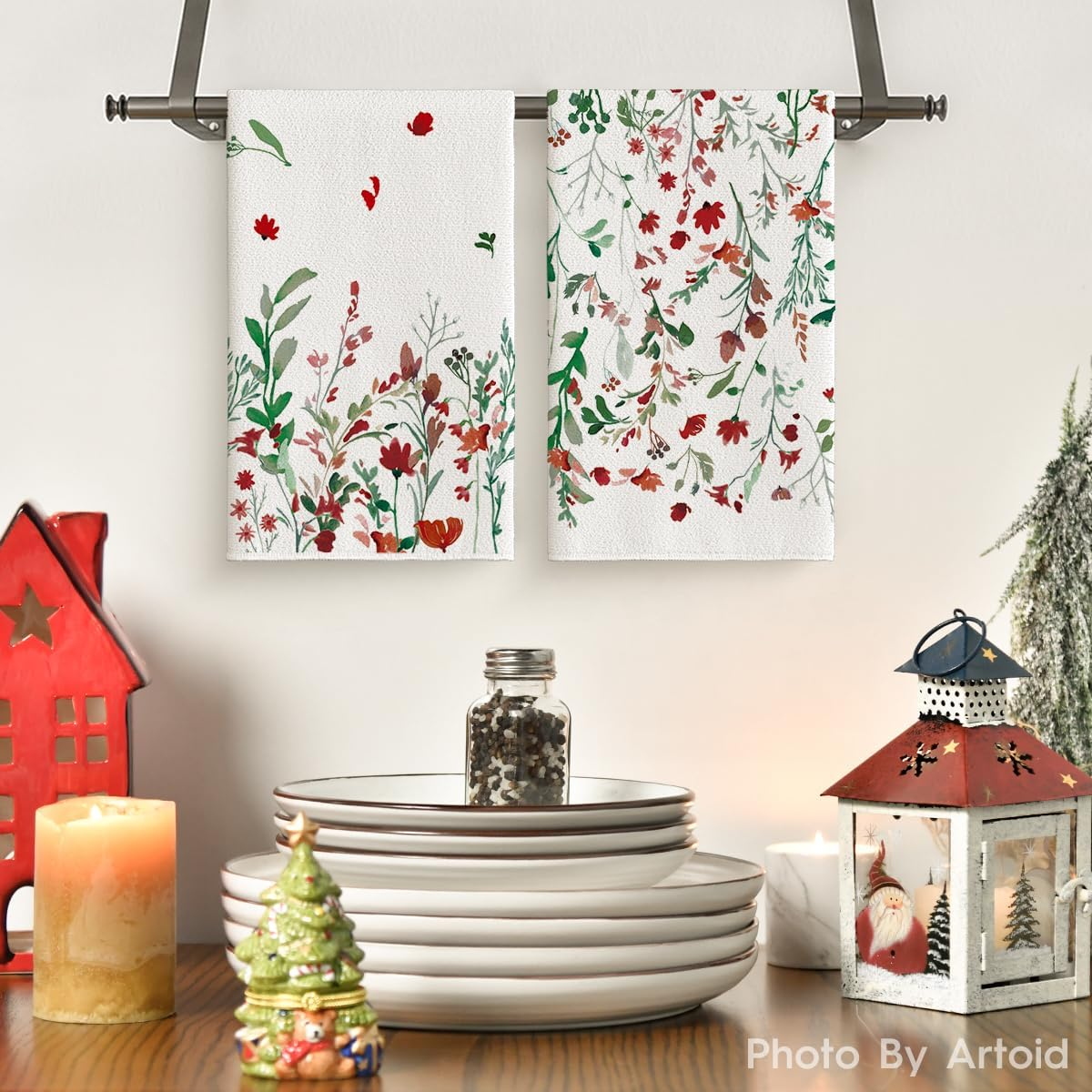 Wildflower Floral Christmas Kitchen Towels Dish Towels, 18X26 Inch Farmhouse Holiday Winter Decoration Cleaning Set of 2 - Image 2