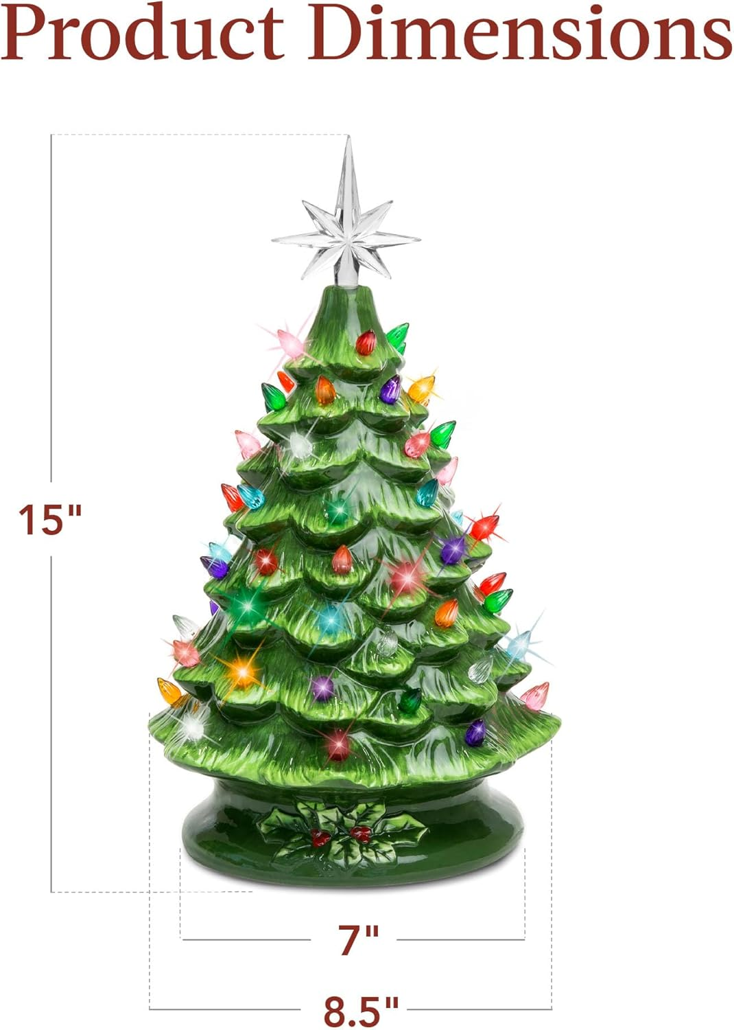 15In Ceramic Christmas Tree, Pre-Lit Hand-Painted Tabletop Holiday Tree, Star Topper, 64 Lights - Green W/Multicolored Bulbs - Image 7