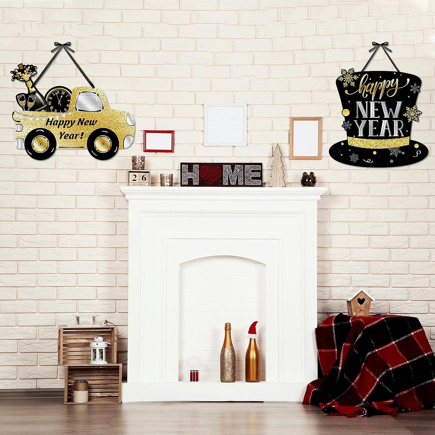 3 Pieces Glitter Happy New Year Sign 2025 Wooden New Year Hanging Sign Black Gold Party Decorations Eve Party Supplies with 6 Pieces Black Ribbon(Elegant Style) - Image 7