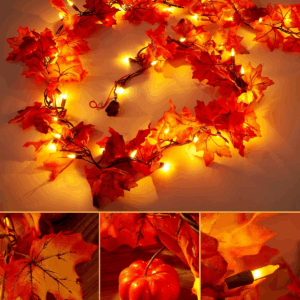 11FT Fall Garland with Lights, Plug in Fall Lights 50 Bulbs Connectable Maple Leaves Lights with Pumpkin, Fall Decor Lights for Outdoor Indoor Halloween Thanksgiving Holidays