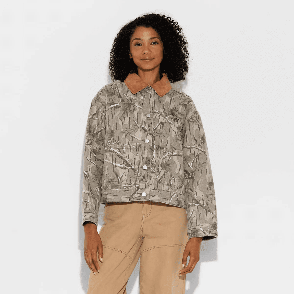 Women'S Padded Denim Barn Jacket Khaki Leaf - Image 2