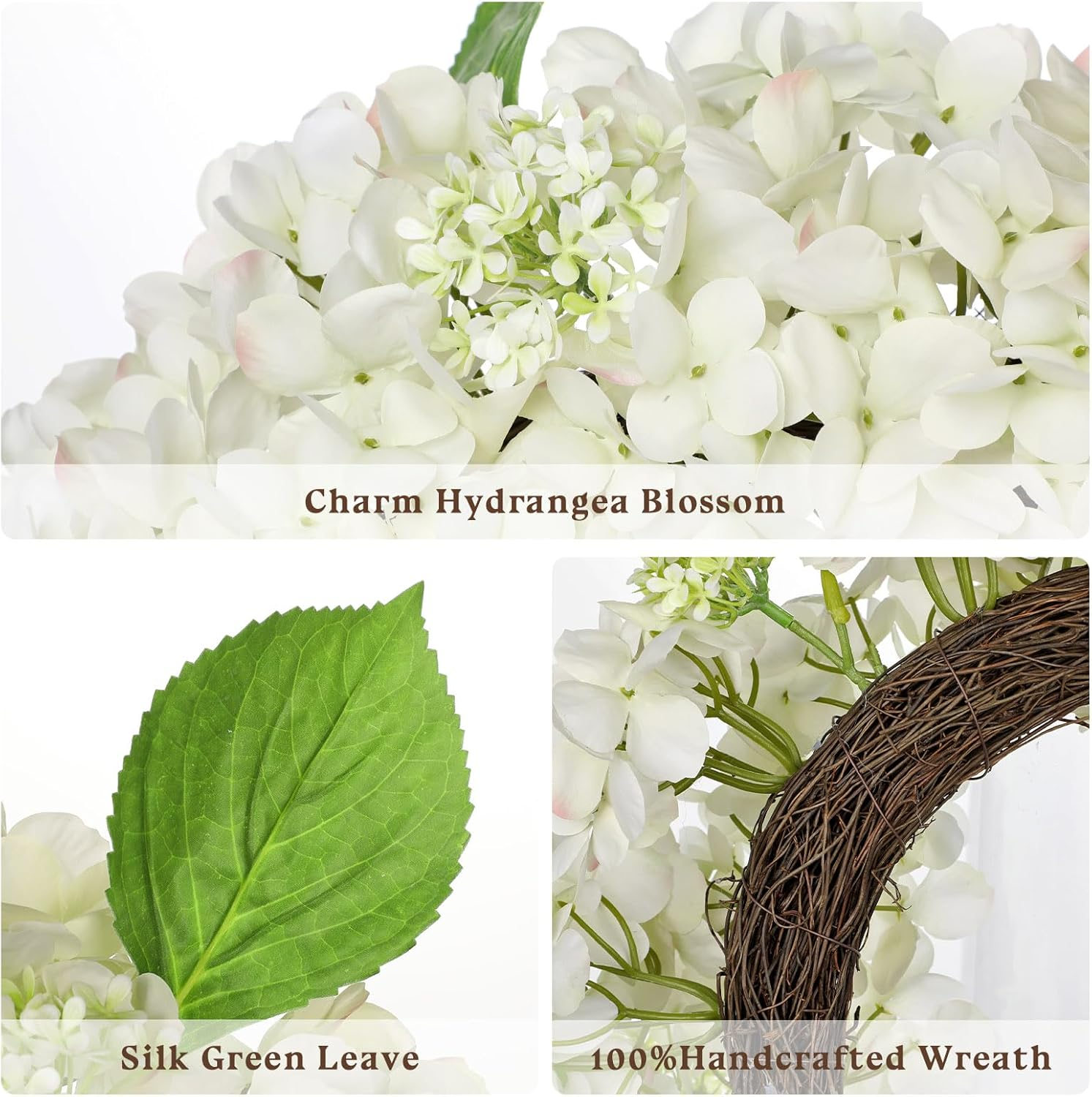 20 Inch Spring Summer Wreath for Front Door, Artificial White Hydrangea Flower Door Wreath Hydrangea Decor for Farmhouse All Year Indoor Outdoor Home Window Wall Front Porch - Image 2