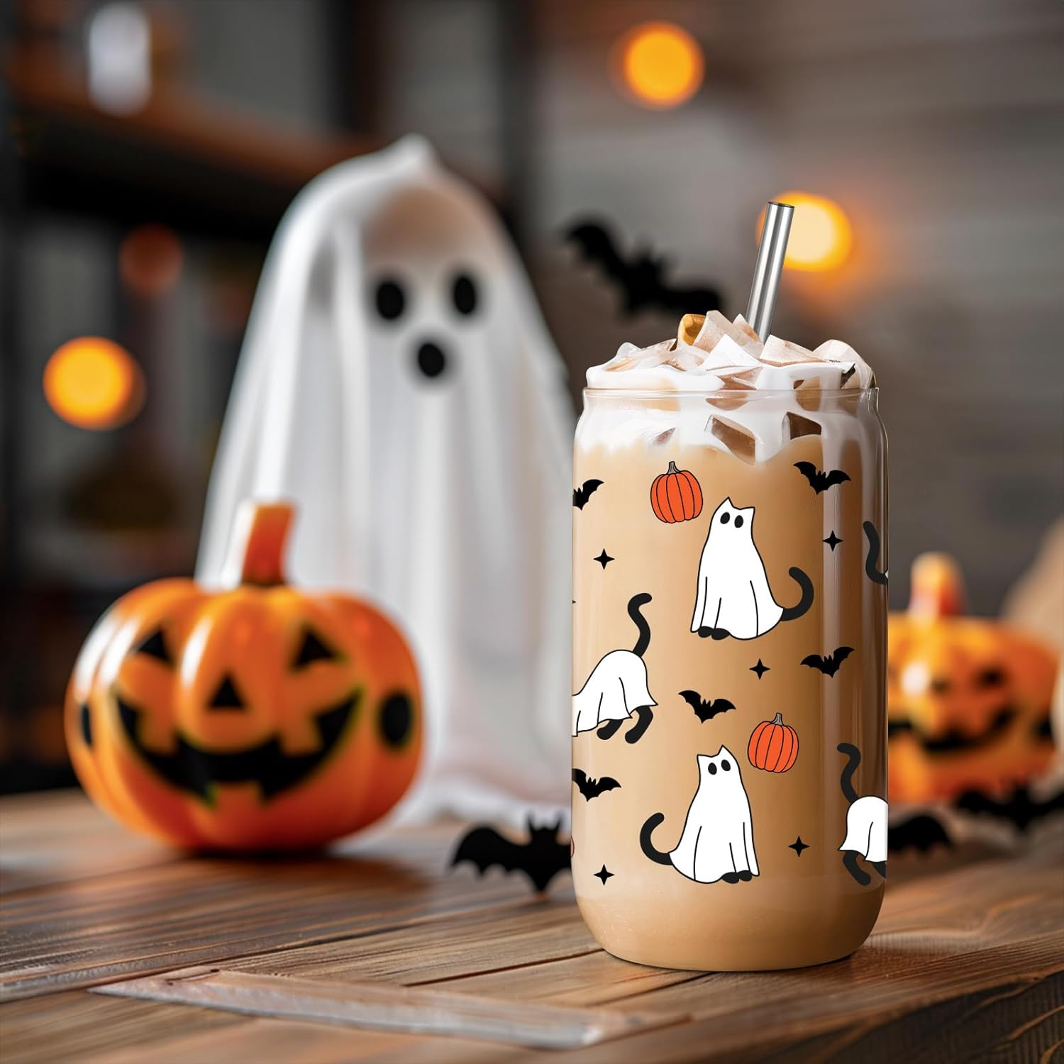 Halloween Ghost Cat Iced Coffee Cup, Halloween Cat Pumpkin Glass Tumbler, 16 Oz Spooky Coffee Glass Cup with Lid Straw, Boo Basket Stuffers, Spooky Gifts for Feline Lover, Women, Teen - Image 7