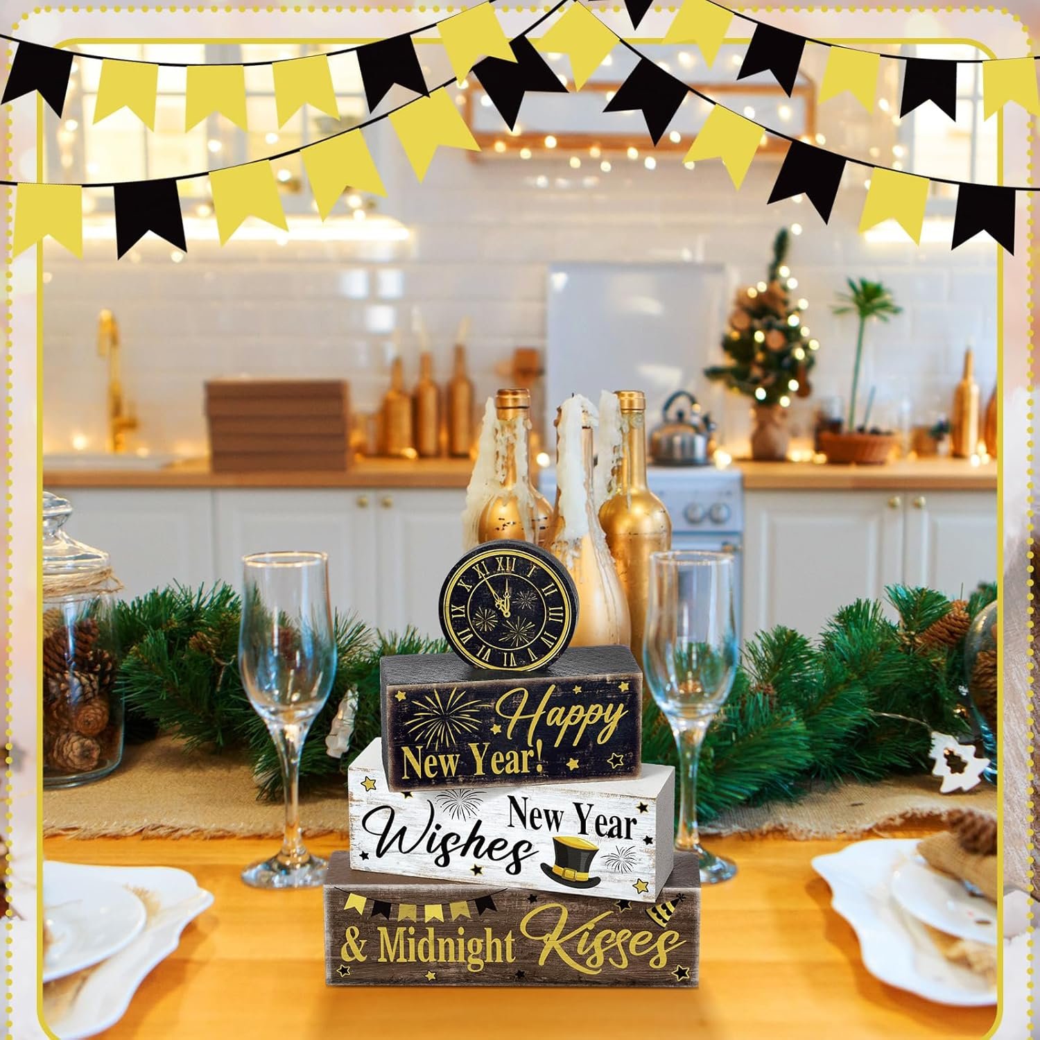 4 Pcs New Year Decoration Eve Party Supplies 2026 Gold Black Tiered Tray Decor Happy New Year Centerpiece Rustic Decorative Clock Block Signs Gift Christmas Decor for Home Eve Party Decoration - Image 6