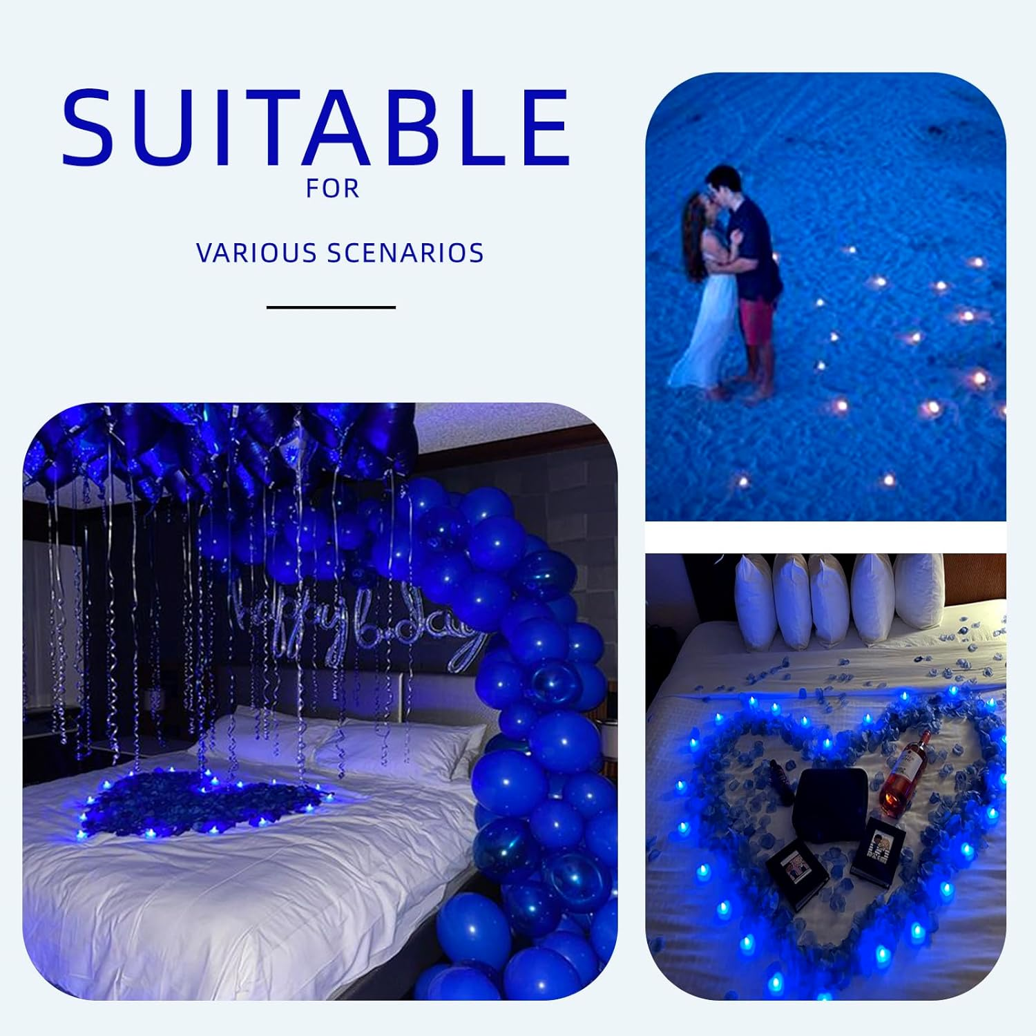 2000PCS Silk Rose Petals with 24 LED Tea Lights Candles, Romantic Night Decoration Set, Romantic Valentine, Wedding Anniversary, Send Her and Him Memories (Blue) - Image 5