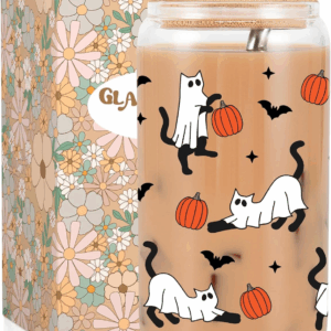 Halloween Ghost Cat Iced Coffee Cup, Halloween Cat Pumpkin Glass Tumbler, 16 Oz Spooky Coffee Glass Cup with Lid Straw, Boo Basket Stuffers, Spooky Gifts for Feline Lover, Women, Teen