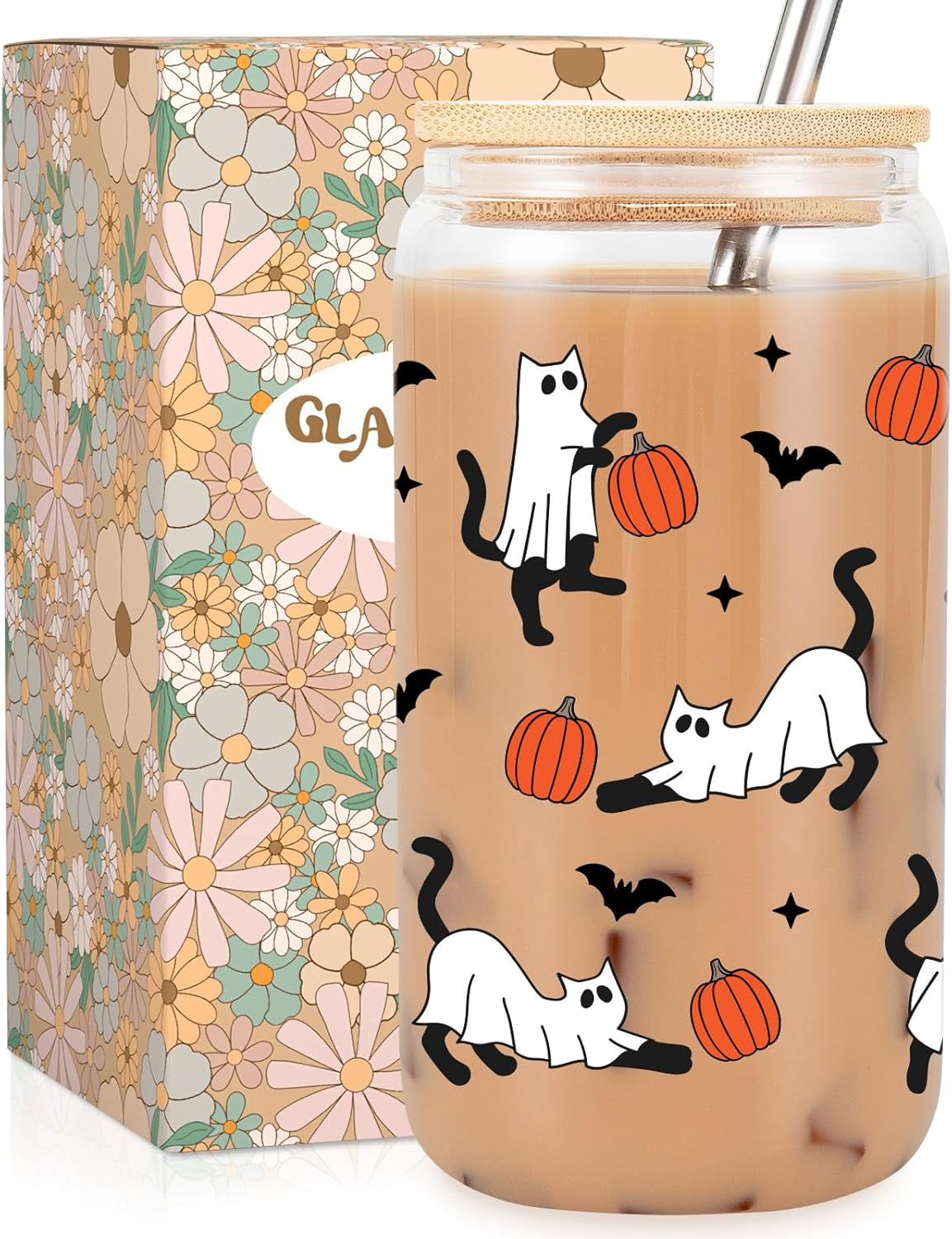 Halloween Ghost Cat Iced Coffee Cup, Halloween Cat Pumpkin Glass Tumbler, 16 Oz Spooky Coffee Glass Cup with Lid Straw, Boo Basket Stuffers, Spooky Gifts for Feline Lover, Women, Teen