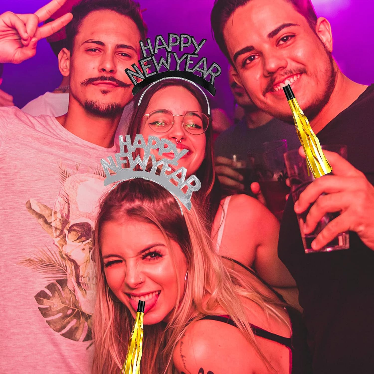 24 Pieces New Years Eve Party Supplies 2026,Happy New Year Headband Tiara,Metallic Fringed Noise Makers Gold Sliver for Kids and Adults - Image 4